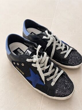 Golden Goose Black Glitter Sneakers with Blue Star and Heel